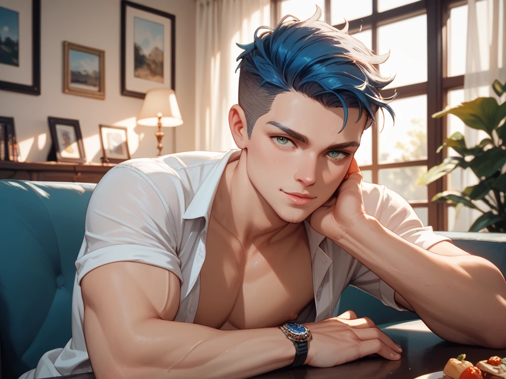 Um garoto, lindo, sexy, cabelo vermelho vivo, olhos azul gelo, cabelos longos cacheados,