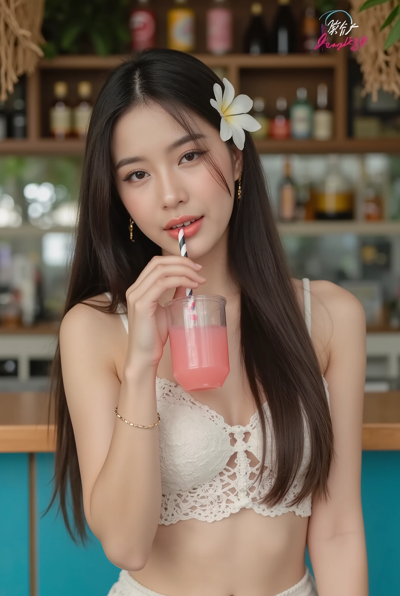 High-resolution full-body model photo
of an Asian woman in a retro style. She has long, straight, shiny black hair, adorned with white frangipani flowers on the side. Her pose is dreamy and soft as she sips a pink drink through a striped straw. Her makeup is elegant with light blush, pink lips, and winged eyeliner. She wears a white crochet crop top and a matching short crochet skirt with intricate beaded details around the waist, showing the crotch of the pants, imitating the real design. She wears accessories such as small gold earrings and a thin bracelet. This scene is shot in a tropical beach bar with a blurred background full of bottles and beach decorations. The light is soft and natural with realistic shadows and highlights, conveying the depth and mood of the summer. The color scheme is warm and pastel, with a shallow depth of field. Vintage portrait photography with a moody and nostalgic atmosphere