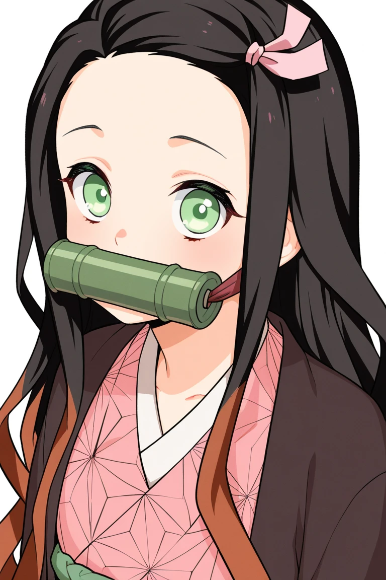 nezukokamado, nezuko kamado, bamboo, (bit gag:1.5), black hair, (forehead:1.5), gag, gagged, hair ribbon, long hair, multicolored hair, (pink eyes:1.5), orange hair, slit pupils, wavy hair, two-tone hair,
BREAK asa no ha (pattern), checkered sash, haori, japanese clothes, kimono, long sleeves, obi, pink kimono, sash, wariza,  wide sleeves,
BREAK looking at viewer,
BREAK indoors,
BREAK (masterpiece:1.2), best quality, high resolution, unity 8k wallpaper, (illustration:0.8), (beautiful detailed eyes:1.6), extremely detailed face, perfect lighting, extremely detailed CG, (perfect hands, perfect anatomy),