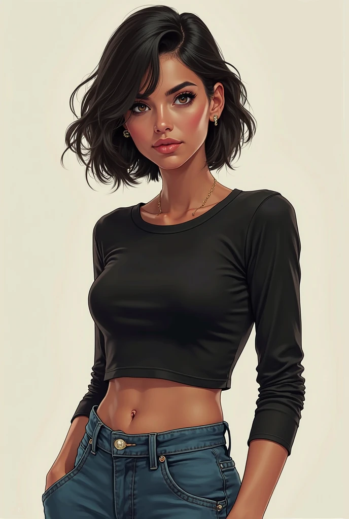 black girl, hot, portrait, small breasts, slim, black power hair, hot, soft or colored lips, short shirt, shorts, simple background, plain colors, perfect hands, perfect ???????,

