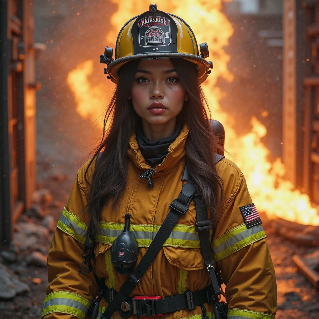 ((top-quality、8K、​masterpiece:1.3))、sharp:1.2、Perfect Body Beauty:1.4、Slim abs:1.2、Big、Beautiful face、A smile、((firefighter:1.3))、(Fire scene:1.2)、Straight hair、Highly detailed facial and skin texture、A detailed eye、Aspect of looking at the camera、portlate