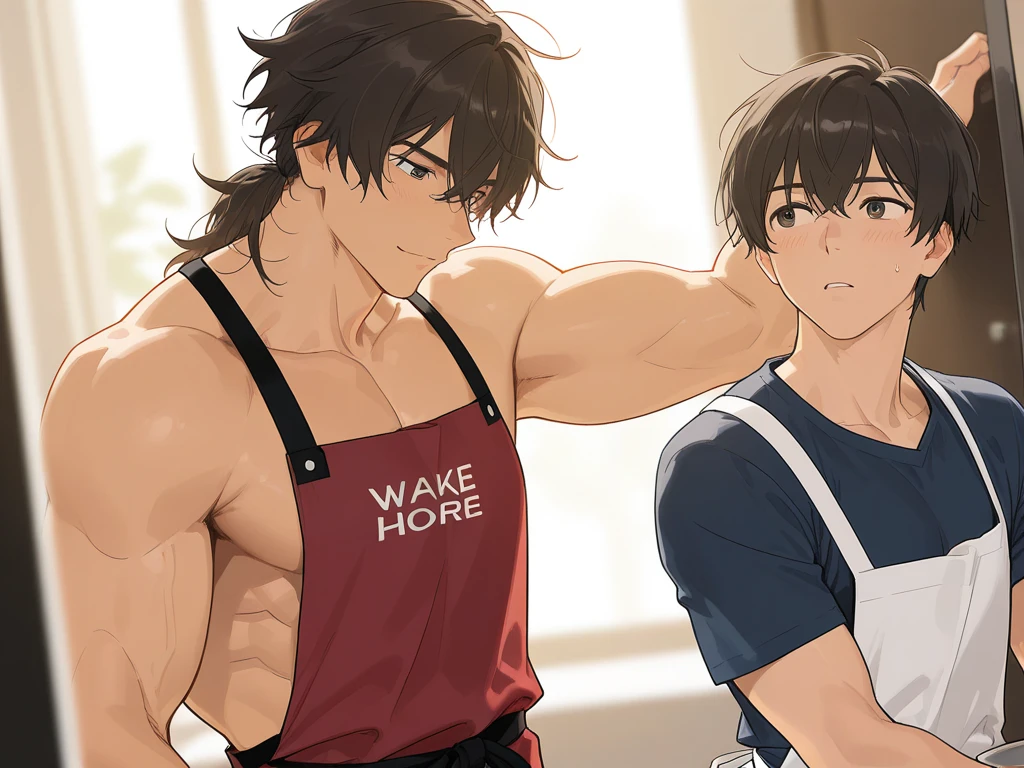 Highest quality、masterpiece、(Two manly young men:1.5)、A muscular man with black hair wearing a nude apron、A gray-haired, muscular man in pajamas、(short hair:1.2)、kitchen、Light of the sun、Breakfast and coffee on the table、Talking happily、Gay