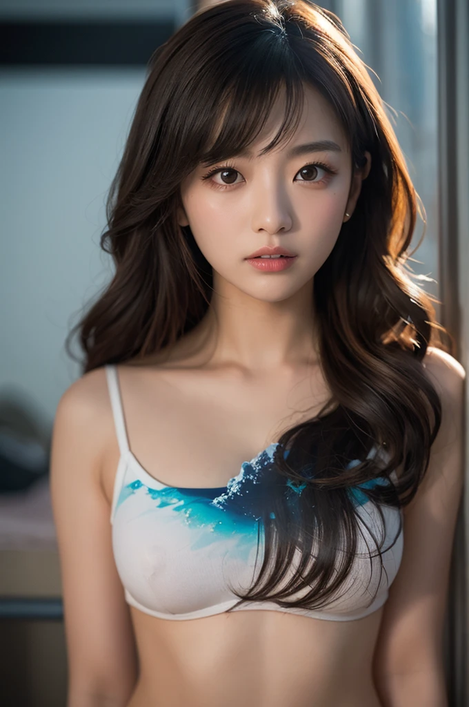 ((highest quality)), ((masterpiece)), (detailed), whole body、wallpaper、Leaning forward、Perfect Face、Perfect body、Light brown hair、Beautiful Skin、A beautiful half Korean and half Russian girl、(masterpiece:1.3), (8k, Photorealistic, Raw photo, Best image quality: 1.4), (Rough long hairstyle:1.2)、Cleavage:1.2、Small Bust