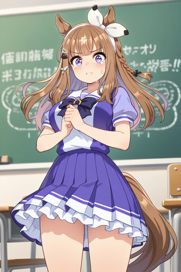 Glass Wonder\(umamusume\), highest quality、masterpiece、Ultra-high resolution、、Anime 2D Rendering, Realistic young anime woman, (Character Focus、breast focus,whole body), Beautiful body, Beautiful thighs, Beautiful feet, White beautiful skin、 ((White sleeveless V-neck sweater:1.4)、(blue mini pencil skirt:1.4)、Black Pantyhose、(Black High Heels))、 smile、Face towards the viewer、Sexy pose、Romantic