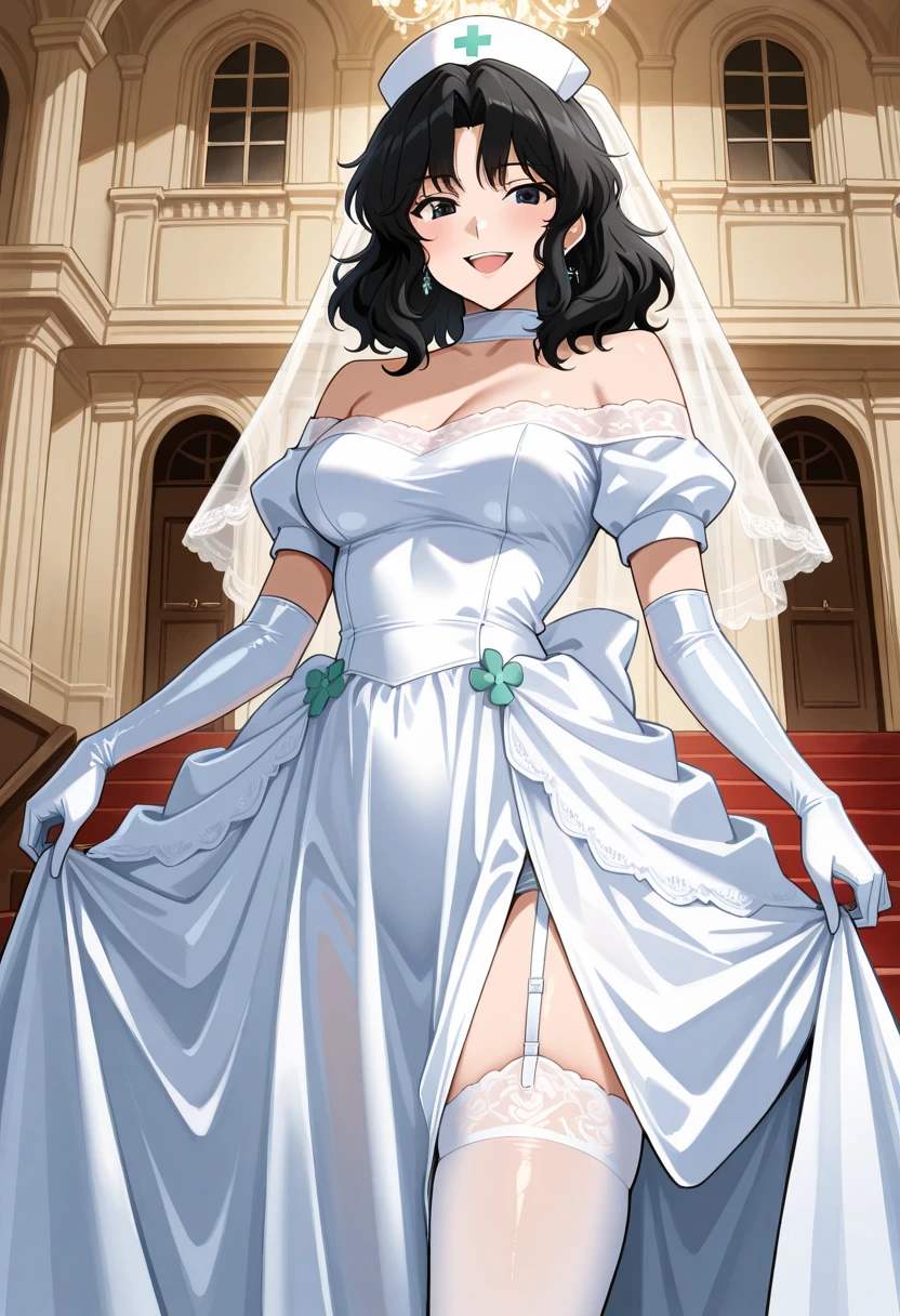 ((masterpiece)),((best quality)),ultra-detailed,illustration,1girl, solo, wedding dress, flower, jewelry, dress, gloves, necklace, veil, earrings, bridal veil, elbow gloves, blush, black hair, short hair, bride, bouquet, braid, bare shoulders, rose, hair flower, hair ornament, smile, lipstick, white gloves, makeup, strapless dress, grey eyes, brown eyes, white rose, strapless,Beautiful body,Beautiful Nose,Beautiful character design,perfect eyes,perfect face,alluring,wallpaper,perfect lighting,Colorful,ultra highres,4K,photography,8K,HDR,highres,(Beautiful, medium breasts:1.2),(beautiful face:1.2),(narrow waist),(full body),shiny skin,nsfw,anime screencap,<lora:Satou Miwako3:0.7>,