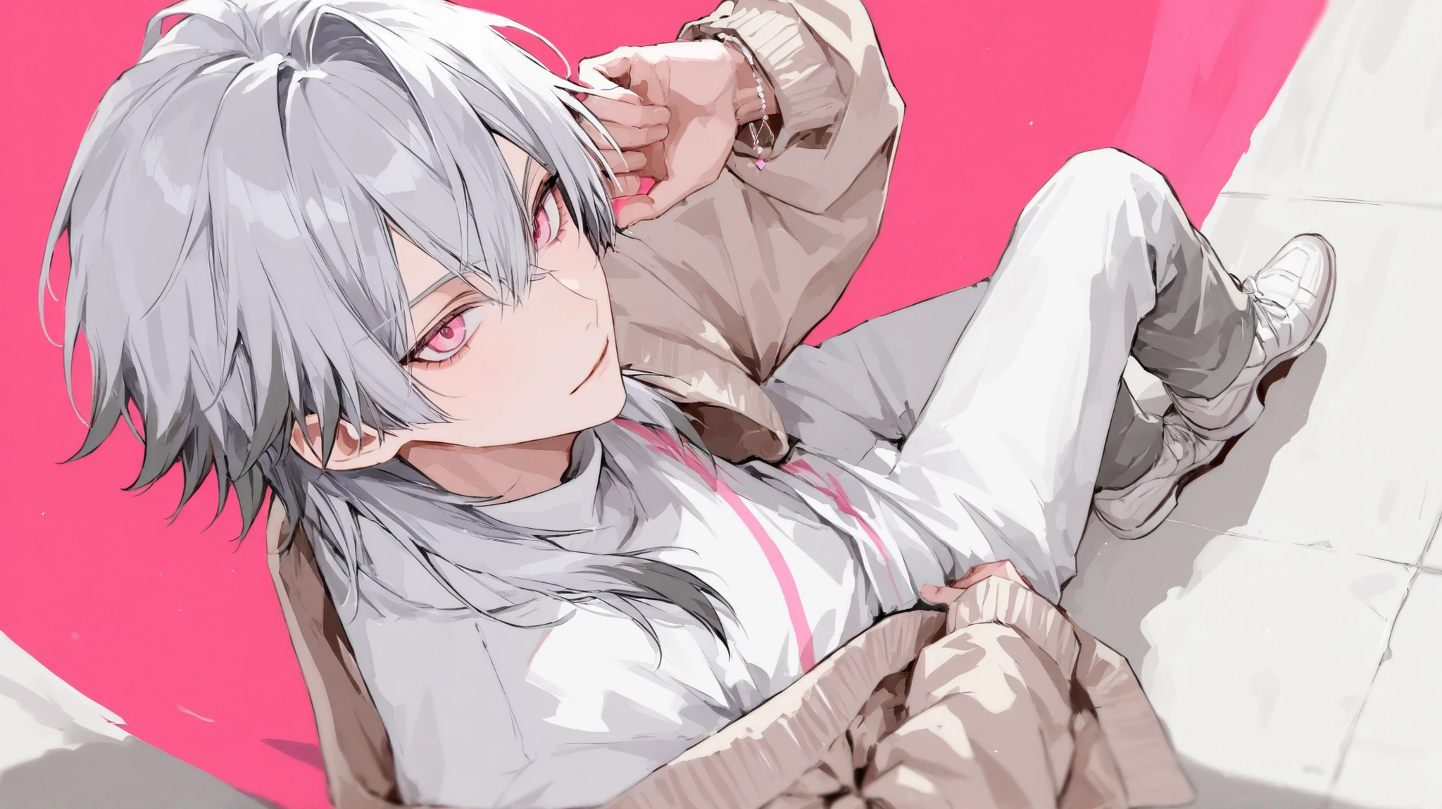 Highest Quality male full body hugs the princess from above angle street fashion white clothes Gray Hair hair tips are pink shocking pink eyes mischief