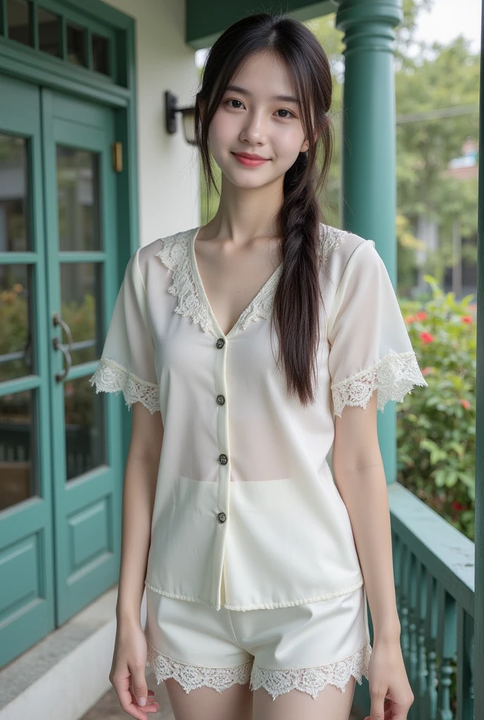 (Highest quality、4K、8k、High resolution、masterpiece:1.2)、Very detailed、(Genuine、Realistic、Realistic:1.3)、Japanese women、blonde、Pixie Cut、smile、large breast、large size shirt、crossdressing、crossgender、Open shirt、breasts out、Panties