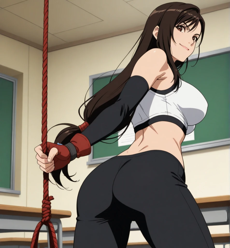 (((busty, huge_breasts))),tifa ff7, 1girl, solo, looking at viewer, blush wariza, seductive smile, tank top, black skirt, suspender skirt, midriff, black thighhighs, red gloves, bra, zettai ryouiki, head tilt,underboob, thick thighs, (((highkick 1.6)), (((pantyshot))),