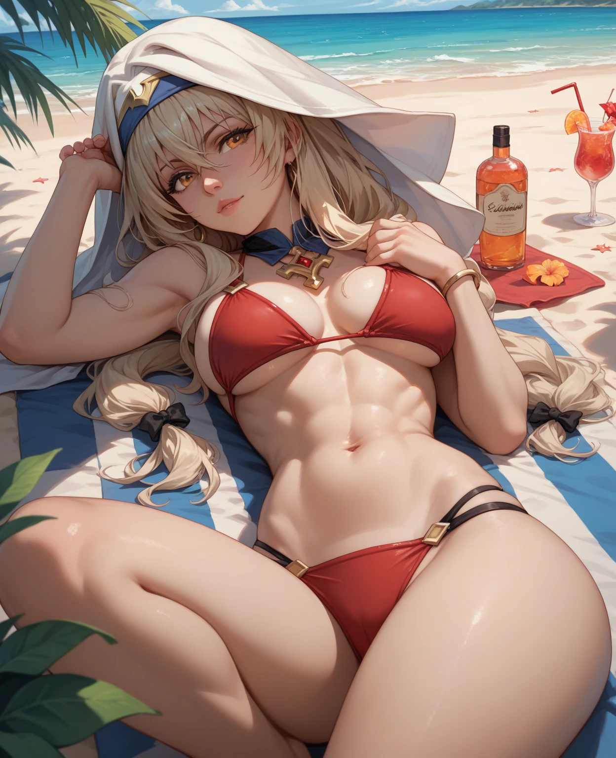 <lora:Nyuunzi:1>Nyuunzi, fox girl, straw hat, sitting on a beach chair, drink in hand, smiling at viewer,, score_9, score_8_up, score_7_up, score_6_up,