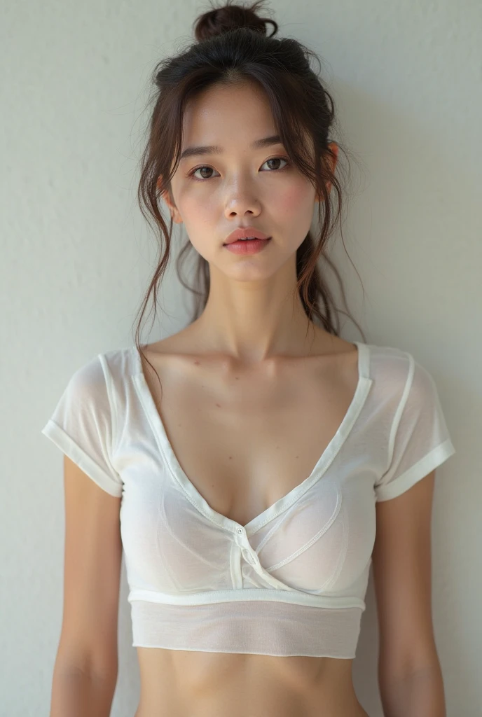 8k, Highest quality, masterpiece, Realistic, Realistic, Very detailed, Natural light, Medium Chest, Her cleavage is visible, Cream sleeveless V-neck knit, 1 person, 22-year-old female, (View from the front), Beautiful Hair, Floating Hair, meanwhile, Very detailedな顔と肌, Fine grain, Very detailedな顔と肌,Raise your arms behind your head,(Sweaty skin,~ ~ side)The body is slim,Thin arms,(Dark Gray Background),