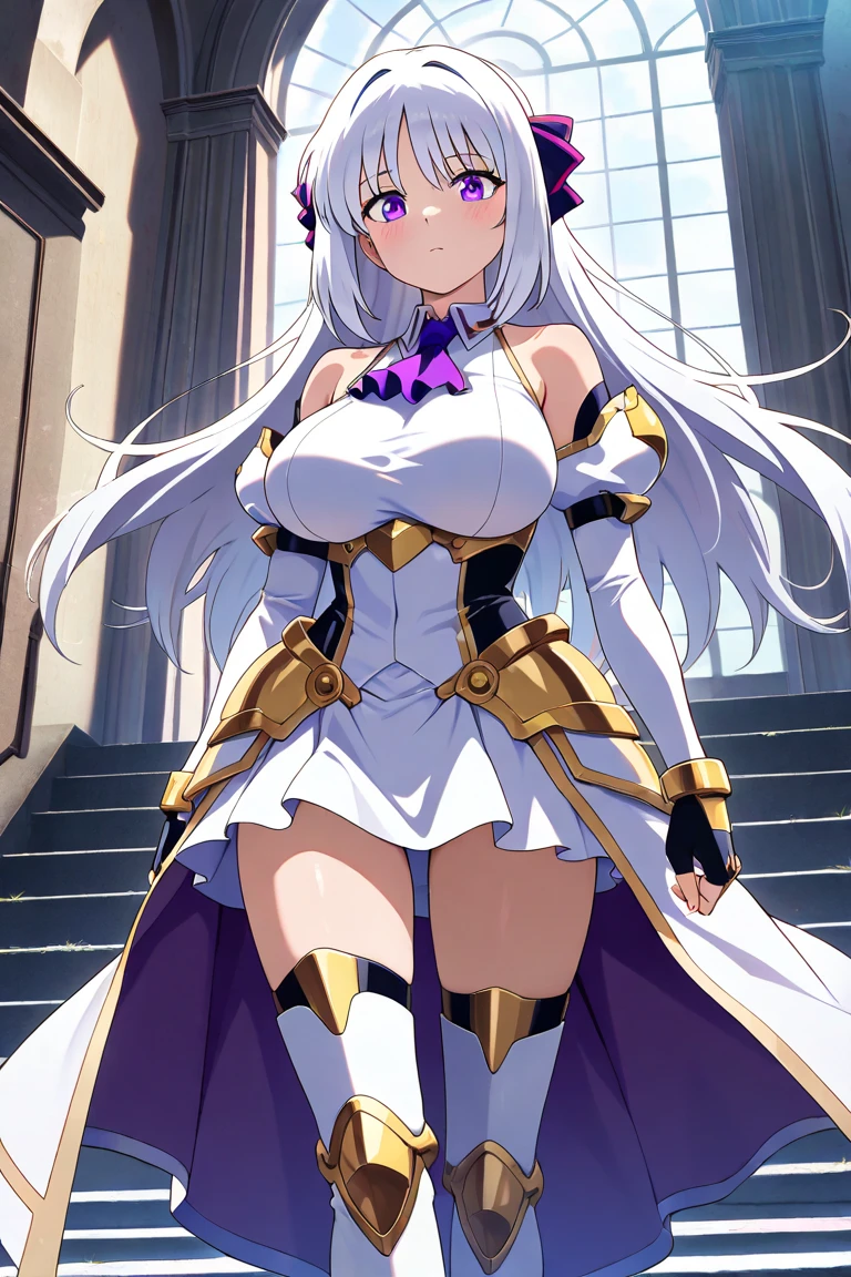 best quality, masterpiece, detailed,
<lora:HighSchoolDxD_Rossweisse:0.9>, Rossweisse,
1girl, closed mouth, light smile,
grey hair, aqua eyes, antenna hair, long hair, hair ornament,
armor, gauntlets, leotard, bare shoulders,
looking at viewer,
outdoors