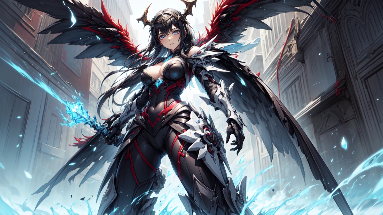Masterpiece, Best Quality, Extra Detail, 1dragon girl, dragon horn, dragon wings, medium-long hair, blue hair, orange eyes, feminine body, perfect boobs, armor, white leotard, cleavage, black armor, pauldrons, shoulder armor, armored gauntlet, gloves, black gloves, armored knee boots, large wings, stern look, smile, standing, full body, castle, outdoor, day, clenched hands