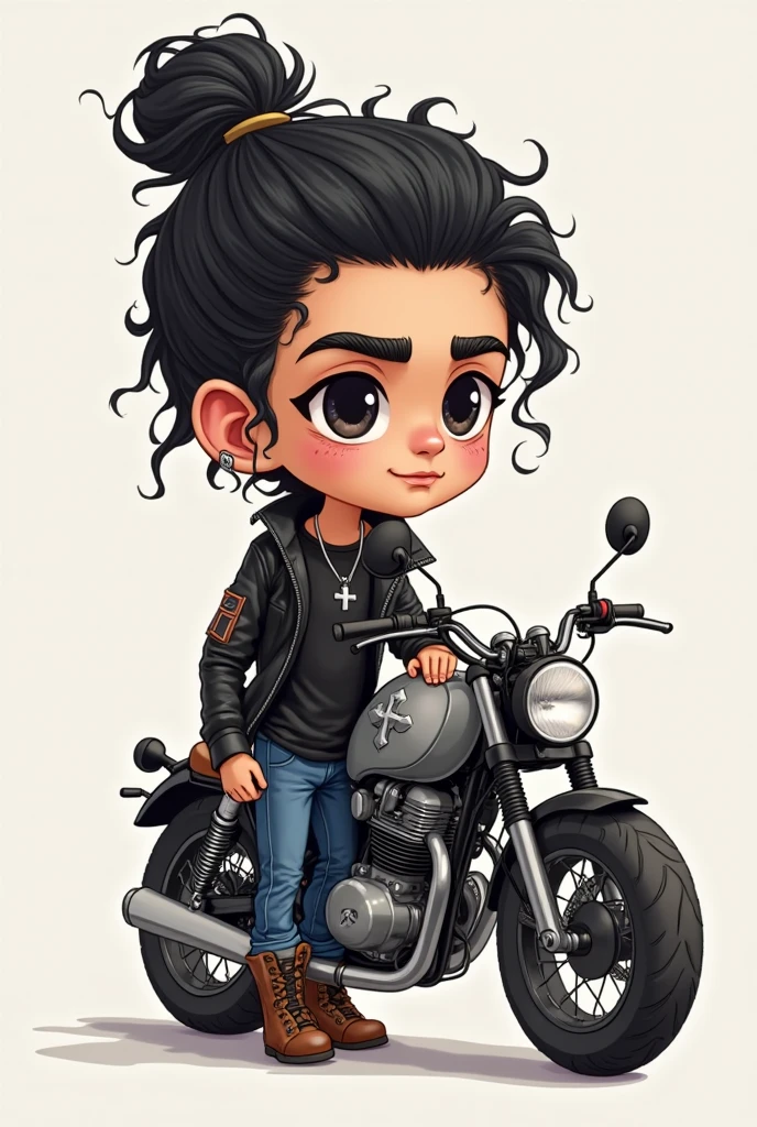 Skinny indian boy, earring, tattoo, colour hairstyle, skech cartoon style, full body, clean background, with one bike