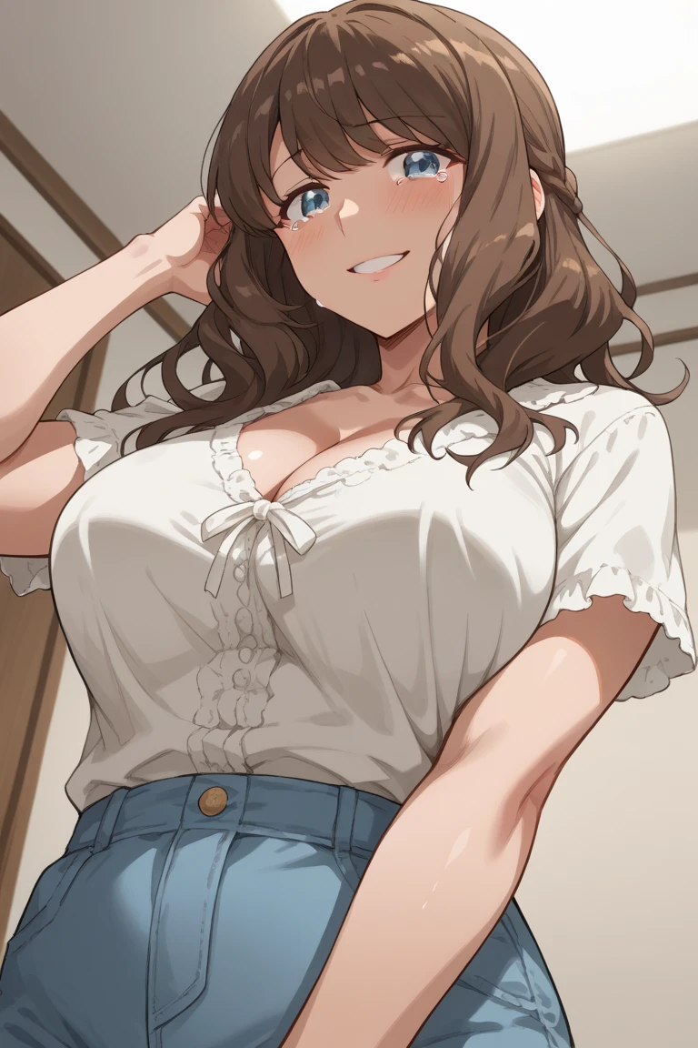 1girl in, ((masutepiece)),((Best Quality)),Ultra-detailed,illustratio,explicit,Beautiful body,Beautiful nose,Beautiful character design,Perfect eyes,Perfect face,Wallpaper,超A high resolution, 4K,Photography,((Beautiful, big breat)),(Beautiful face:1.2),Beautiful legs, Mayu Sakuma, Shiny skin,anime screen cap,official style, Solo, arrogant smile, Sunnyday,Daytime, Looking at Viewer, POV, Detailed eyes, Complex hairstyle、drooing eyes、queen dress, wide eyed, Crazy smile, Empty eyes, POV cowgirl, Sweat, flying sweatdrops, Cross your arms behind your back, I'm looking at you, pov, 30 years old, in a living room, top less, exposed chest, opened dress, undressing, nipples