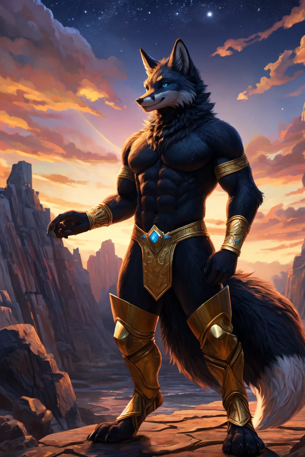 Solo Sexy anthro furry wolf male; ancient Mediterranean desert warrior; slim mesomorph handsome model apperance apperance; boy's messy short hair headband; sexy toned muscules; sword scars; worn out rusty sexy skimpy armament. He has low on hips heavy leather studded heavy belt. he has narrow in the crotch very old worn out jockstrap (smelly jockstrap fetish); His jockstrap it is made of old white linen material sewn together from a few pieces, it has never been washed, it is dirty and has stains from secretions of dried semen and sweat; His armor is old heavy brown harness with armlets studded with spikes; he has old brown leather BFR Bands on Biceps and his thighs, he has old worn out fingerless leather gloves. Even though he is a handsome and sexy man, he has a sloppy appearance, has disheveled unwashed dirty fur, dirty body look. He stands proudly bravely with one foot on a higher stone in the Mediterranean sunny pine forest; he has a proud, threatening and defiant expression on his face, with little dirty dangerous smile;