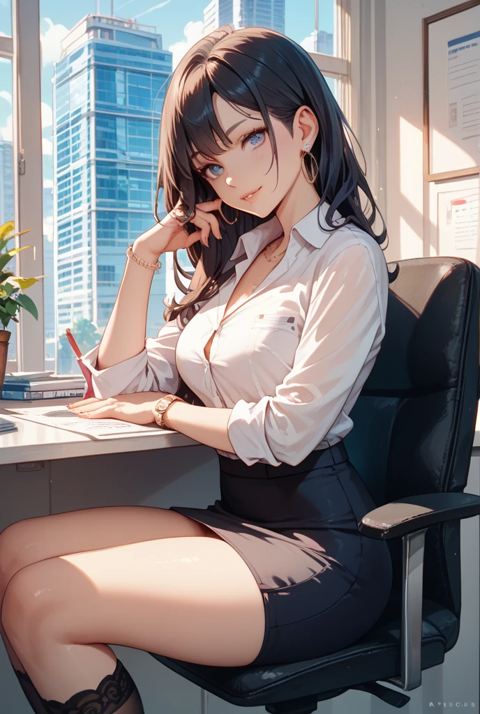 1lady sitting (crossed legs), office worker (stylish outfit), (pencil skirt), mature female, /(dark brown hair/) bangs, blush kind smile, (masterpiece best quality:1.2) delicate illustration ultra-detailed, large breasts BREAK (modern office indoors), window cityscape, detailed background