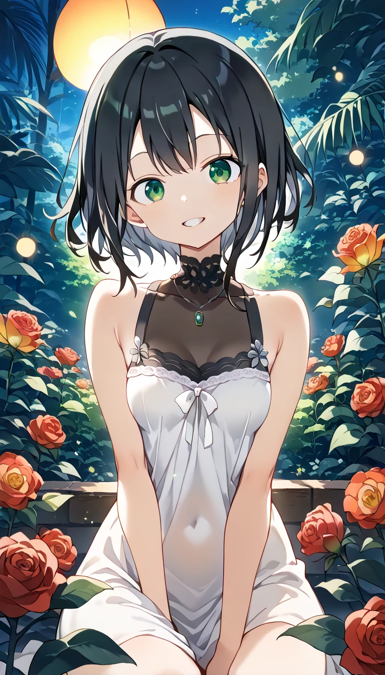 (from below:1.2),(from side:0.9), ((Face)), (Close-Up:0.4), ((looking at viewer, holding a bouquet)), highest quality、(real、photorealistic:1.4)、(RAW photo:1.2),highest quality,(masterpiece),(((Whole body image))),(a 18yo girl), (Highly detailed face),Slightly round face, (Tan brown face:1.0), Boyish beauties, beautiful face, Beautiful lips,Baby Face,(Black gal:1.0),(Big eyes),((black,hair,long pony tail hair)),thin pubic hair,cute,lovely,(strong silver hair:1.2),(blunt bangs),(Brown skin:1.0),(Military uniform, bulletproof jacket),nice companion,delicate body、thin legs,beautiful black dress,black gloves, black thighhighs, white panties,(double breasted,under bust:1.2),(Knife in one hand:1.3),in the forest,In the jungle,Woman in survival mode,Sexy thighs,Heat,Sweat heavily,Tropical forests,During a break,sit cross-legged on the ground,The way the light shines is beautiful, Beautiful buttocks,(with sparkling eyes and a contagious smile),little open mouth,