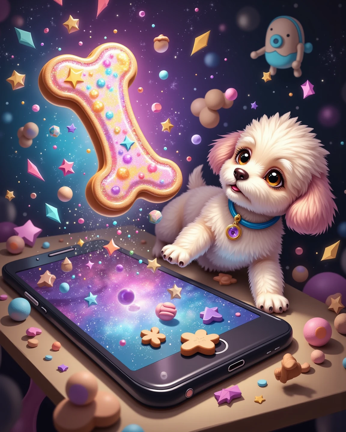 sparkling bone-shaped cookie jumping off smartphone screen, Toy poodle staring in surprise, Vivid colors, Layered Backgrounds, delicate details, 3D CG Real Touch, Precise light and shadow , High Definition Food Photos, Attractive Character Designs, emotional expression, Visual Fun, High Quality Illustrations, composition full of realism, Mechanical Textures, Uncharted Space Effects, captivating atmosphere, Superb Realism, 4K real touch, professional texture