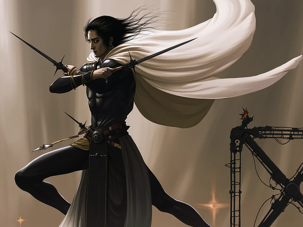 African American male, dark skinned male, long spiky hair, battle outfit, rainbow sword, cutting the clouds apart