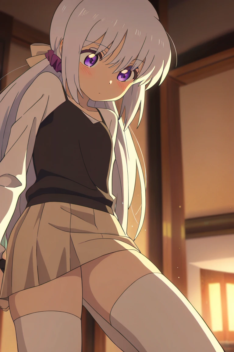 Elementary school girl, 8 years old, A cup breasts, white hair, long hair, purple eyes, smiling face(one person) Pink sleeveless top Black mini skirt and white panties((I can see her panties)) Barefoot Girls Room Sitting on the floor Dynamic angle Low angle nekomimi