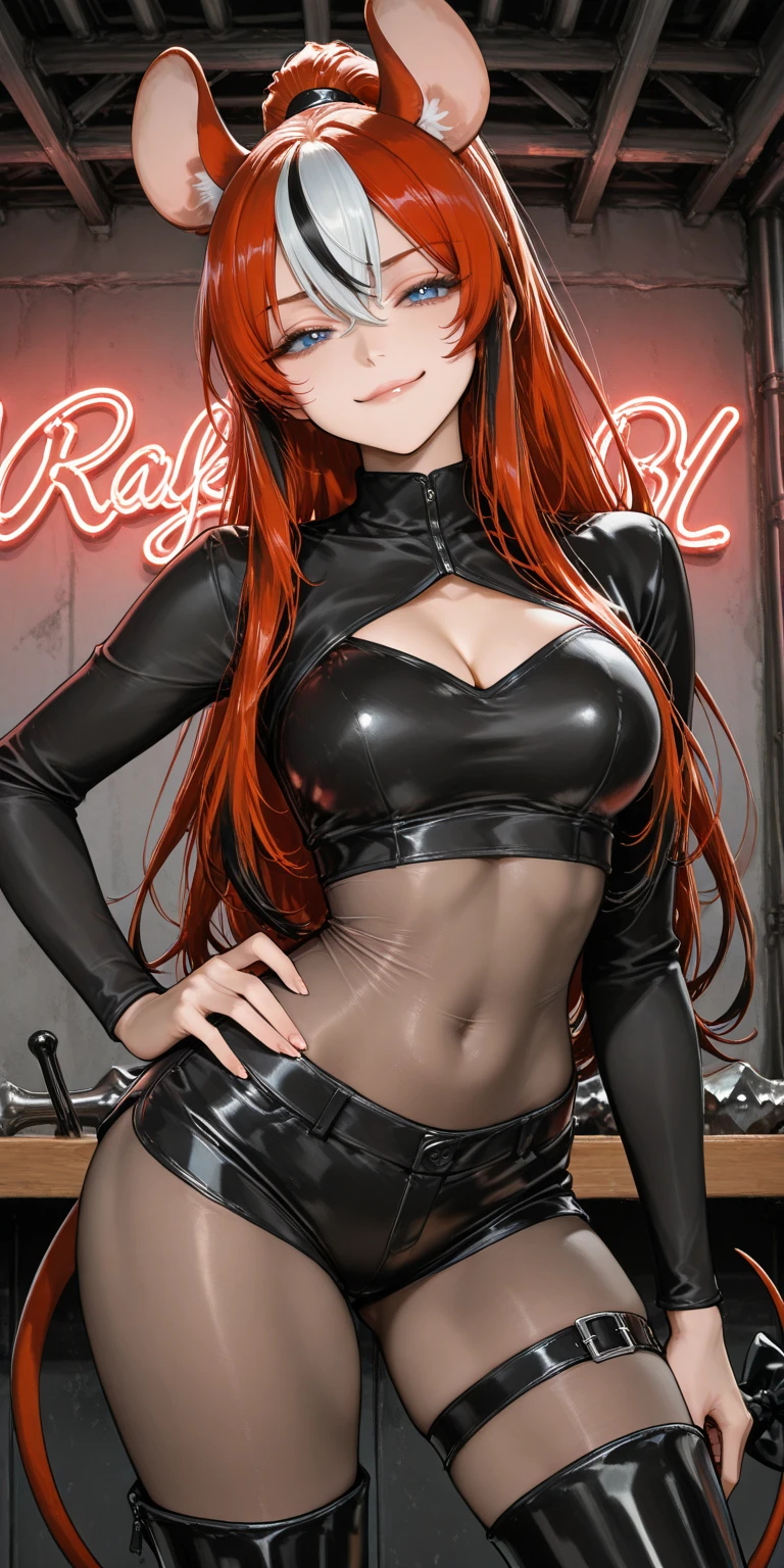 a beauty girl，girl with，A smile，Leather jacket over uniform shirt，top-quality，​masterpiece，Colossal tits，超A high resolution，multicolored hair，Excellent style，Perfect facial features，a beauty girl，modeled，girl，