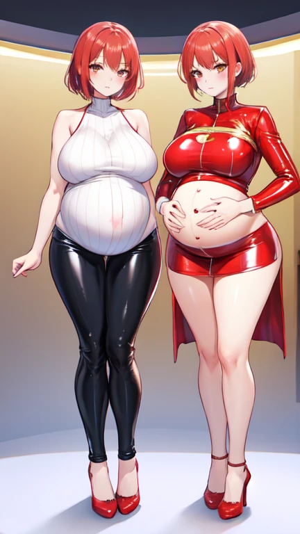 (Full body, glasses), An image of a pregnant Flandre scarlet with her belly on full display, huge breasts