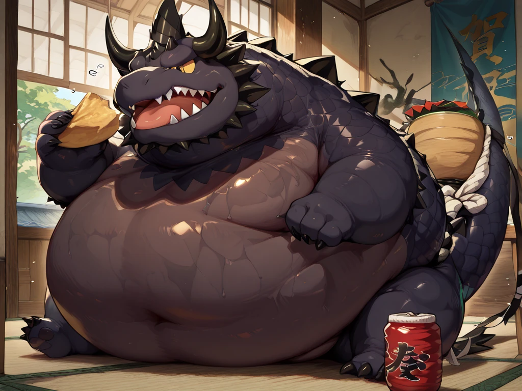 A couple of 2 macro blue muscular and obese belly dragons sitting in front of a dresser hugging and kissing like a loving couple, flexing there muscles and showing off theeit bulge and their macro guts and his enormous , big fat huge enormous pecs, pecs are giant, pecs are enormous, wearing only black . Belly to Belly. Loving fat. The dragons is sweating and has a warm and  expression on his face. The image is drawn in an anime style, with bright colors, light are on in the room. They are in a school bedroom at night with lights on sitting on their bed with a  pose admire there big and huge muscle and his big gut like they love on their each other. Thick tongue、mouth wide open、lots of drool、thick and long tail、thick twisted corners