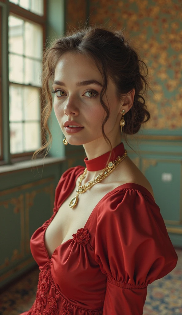 Shosanna_Dreyfus,  solo, 1 girl, blonde hair,(red square neck dress:1.2), red dress, red lips, red nails, blue eyes, jewelry, lips, realistic, breasts, curly hair, collarbone, long sleeves, looking at viewer, makeup, necklace, portrait, Shoulder-length hair, smile, (red square neck dress:1.2), Inglourious Basterds,