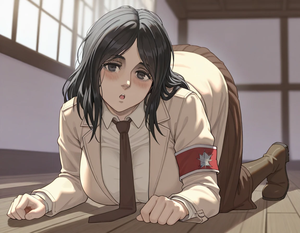 score_9, score_8_up, score_7_up, source_anime, Pieck Attack on Titan, Torn clothes, squatting, masturbating, grabbing her breast with her hand, Ahegao