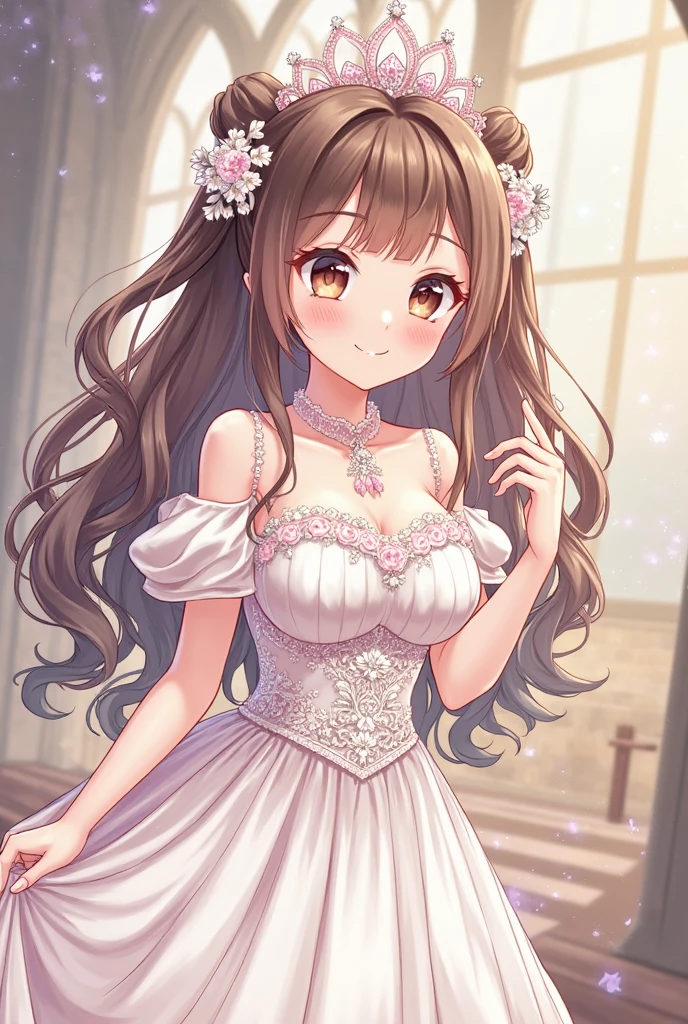 dramatic compositions, Dress in court style, royal, Gorgeous, カスケードfrilld, frilld, the bow, crystal chandeliers, Roman curly hairstyles, ponet, Double ponytail like a drill, Look at the camera, Bangs, maximalism, palace background, Delicate depiction of hair and eyes, Princess Dresses, Gorgeous skirts, Flowers in hand, Smiles, Starry eyes, Cinematic Light, Extreme Detail, High Definition, happy girl, Very long hair, Diamonds, broken Diamonds, Junction Tip, light Particle