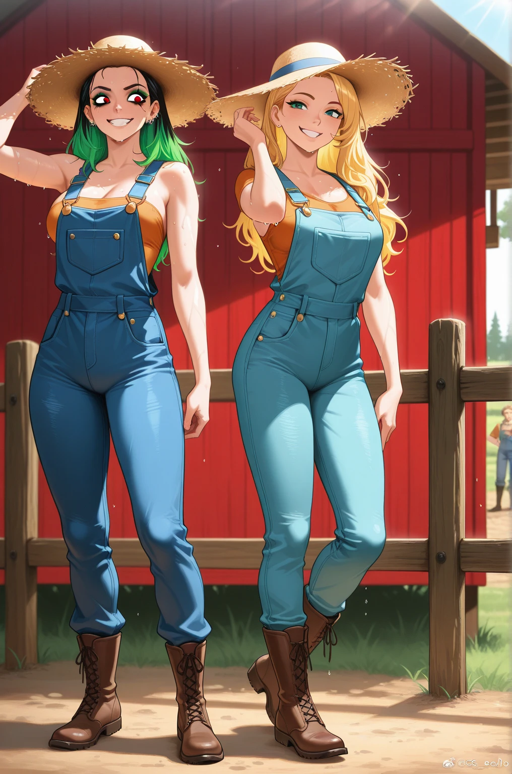 (8k, RAW photos, top quality, masterpiece: 1.2), (High Quality), ray tracing, HDR, (High Details), (Face detail), (Shadow Detail), 3d, 3d render, vtuber, solo, human, farm woman, mature looking female, solo, blue eyes, cleavage, straw hat, long twin braids, orange hair, bronze round glasses, small thin silver necklace with a turquoise stone, overalls, suspenders, yellow frilly shirt, ((freckled skin, lots of freckles on breasts)), large breasts, ((small scars on body, acne scarred skin))Character Sheet Full-Length,