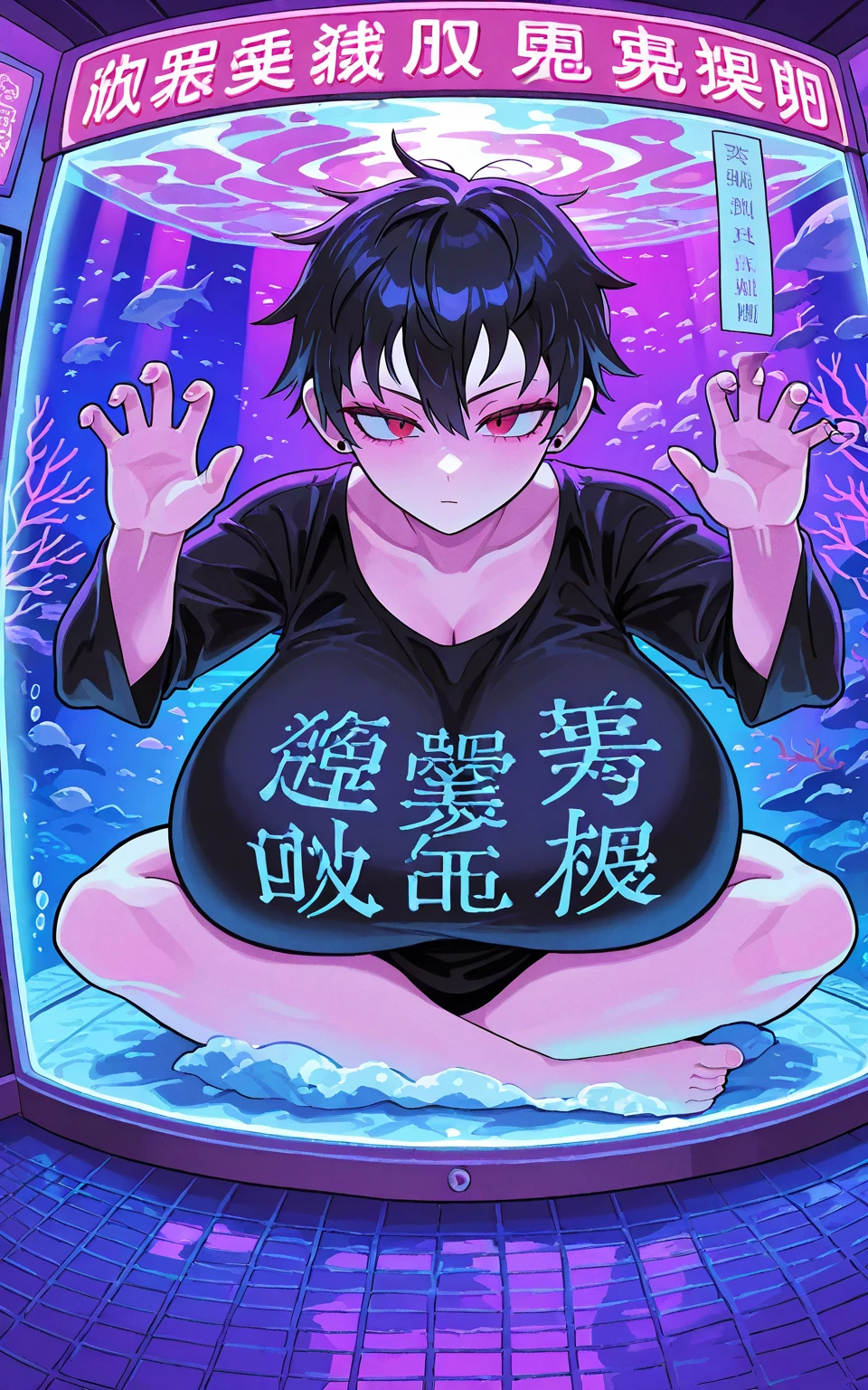 Nsfw, NUDE,The ball covers her crotch and buttocks.、 Black Hair、Bob、One 、Embarrassed face