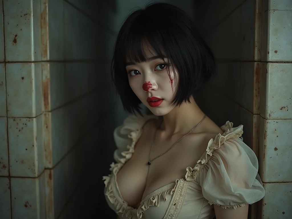 ((masterpiece , best quality, 8k,)), Korean woman in her 20s , white tee, Denim jeans , slim , (huge breasts:1.1) , (black short hair , (messy hair:1.37) , red eyes , dark circles under the eyes:1.3) , (expressionless: 1