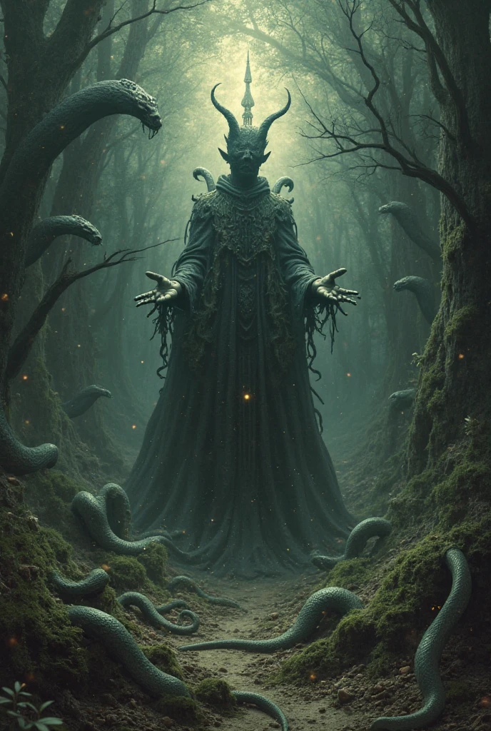 Create a creature like sakuna but totally different and in a throne in a domain but scary I don’t need a something like a demon just normal scary dark creature 