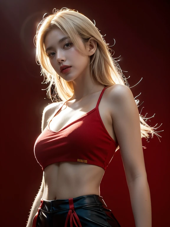 Young and attractive sexy Korean woman, 1, beautiful baby face, (Strip), big bust, bright blonde hair, Long hair, earring, (sexy bulma cosplay),(Strip,nude) (from head to skirt), 8k, RAW Photos, Best Quality, masterpiece, Best Quality