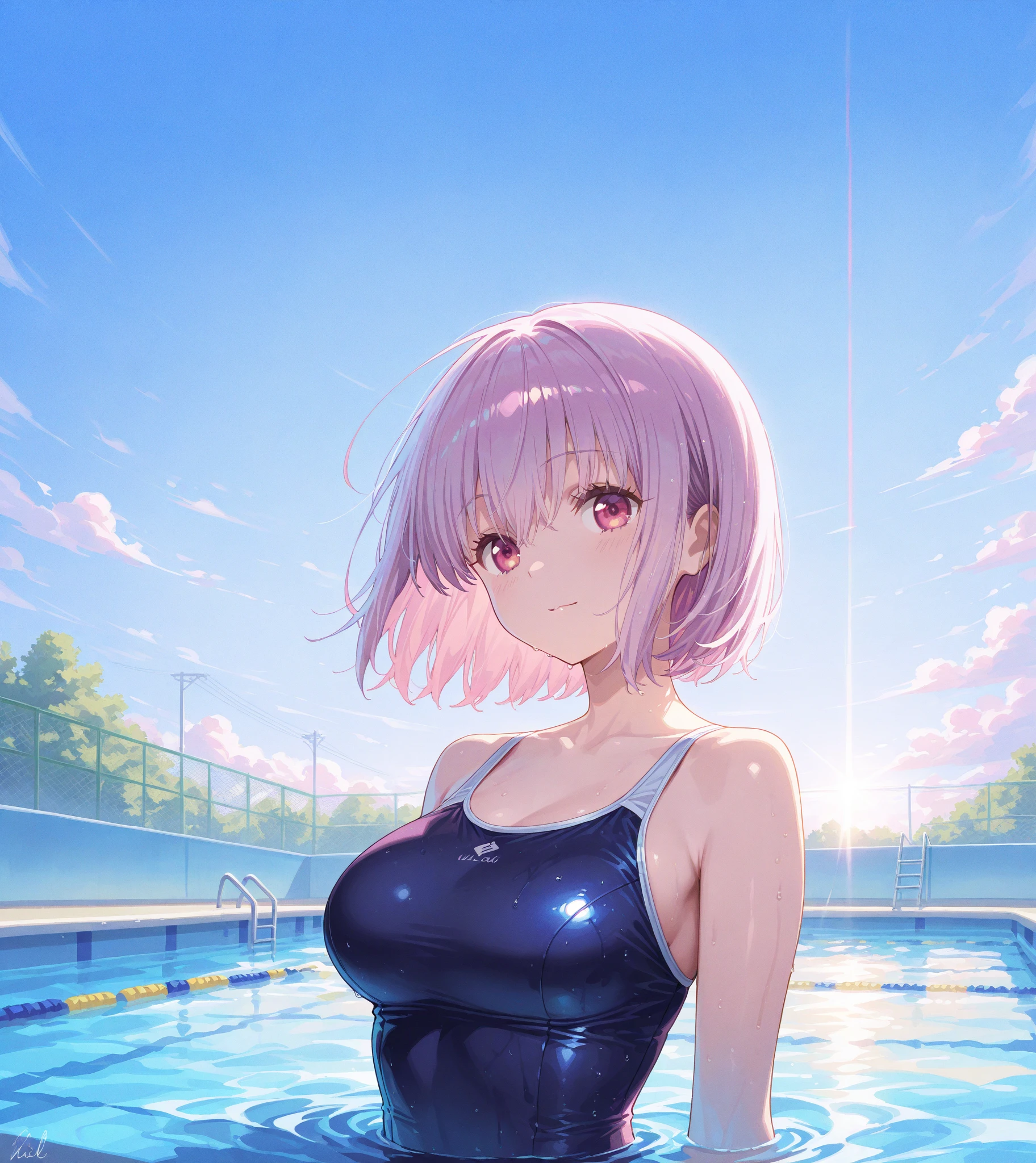 The ultra -The high-definition、high-level image quality、top-quality、Full feet and hands、complete fingers、Beautuful Women、1 persons、Pinkberry Shorthair、ssmile、Pink swimsuit、Night Pool