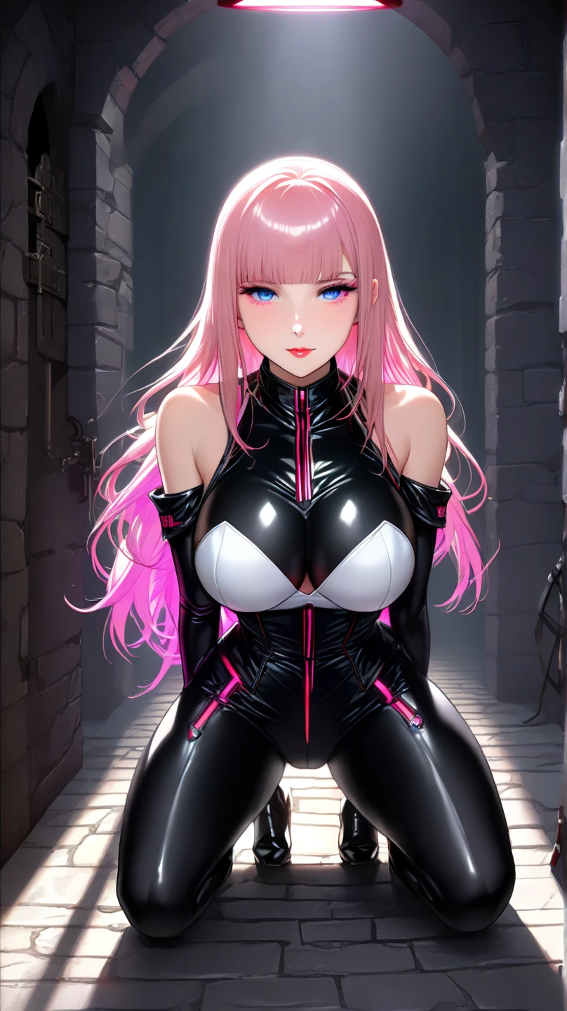 handsome WOMAN,blue-eyes,blue pupils,Long pink hair,Hyperresolution,accuracy,Detailed rendering,(Subtle facial image)(Image of fine hair)(topquality)(Masterpieces of masters)(High degree of completeness)(A sense of atmosphere)tmasterpiece,Super detailed and super detailed(half-body portrait), long wavy pink hair, (((tHICK WAVY HAIR)))(((ANKLE LENGTH HAIR)))(((Blushing)))(((Huge breasts)))(((LARGER BREASTS))) large breasts, bigger breasts (((Bigger breasts))) (((Blushing))) (((Sakimichan))) (((Pink hair))) (((black Rockstar outfit))) (((Leather black outfit))) (((Rockstar)))(((Fishnet tights)))(((cASUAL ROCK OUTFIT))) (((gRUNGE OUTFIT))) (((rOCK MAKEUP))) (((sINGING))) (((bLACK LEATHER OUTFIT))) (((bLACK EYELINER)))(((Fierce expression))) (((Focused))) (((Hair in a long ponytail))) (((Ponytail))) (((Sexy latex outfit)))(((Elf ears)))