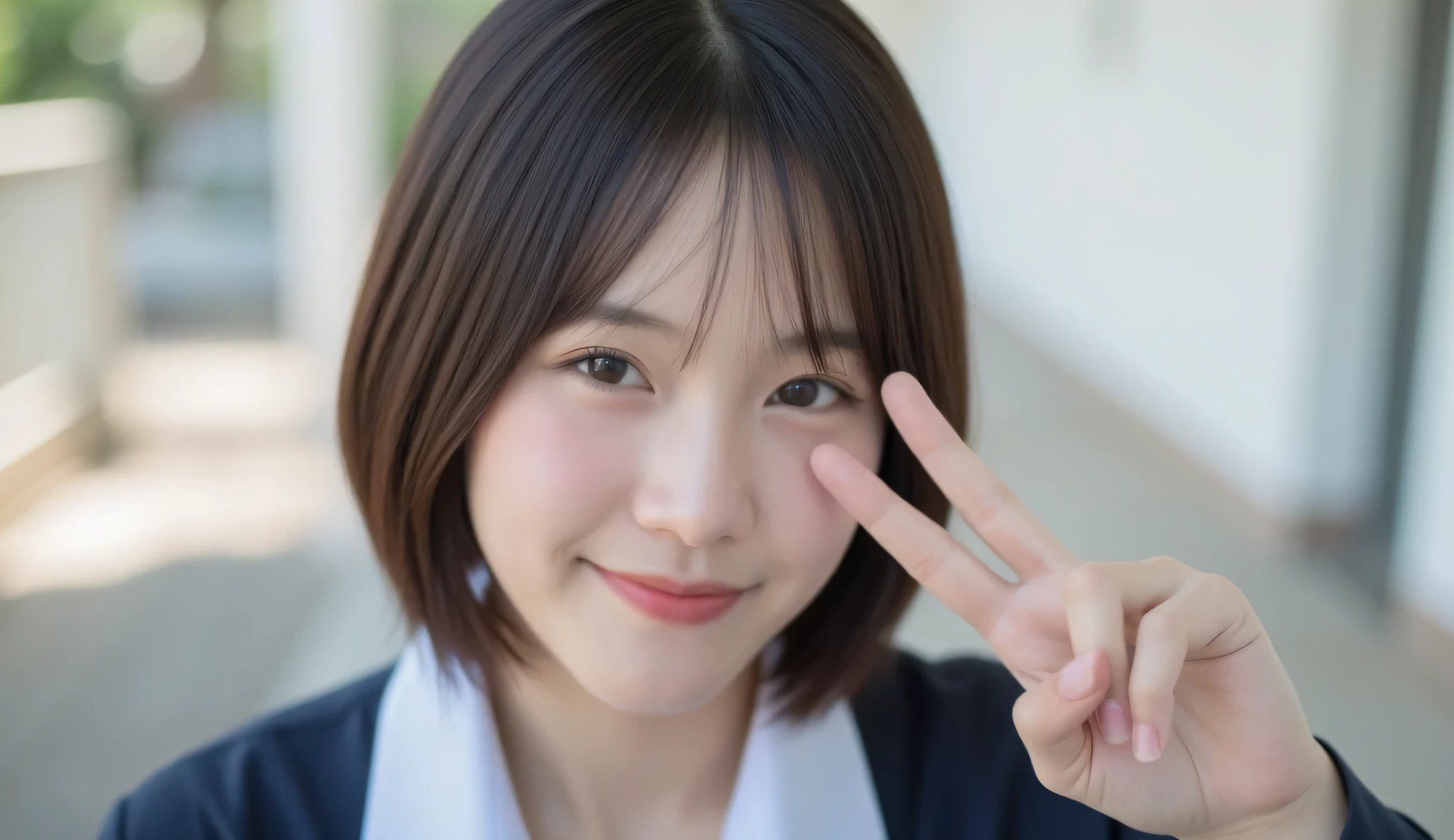 A beautiful Korean high school idol with short bob hair and bangs, wearing a navy school uniform, posing with a peace sign, 8K hyper-detailed close-up portrait, soft glow on skin.