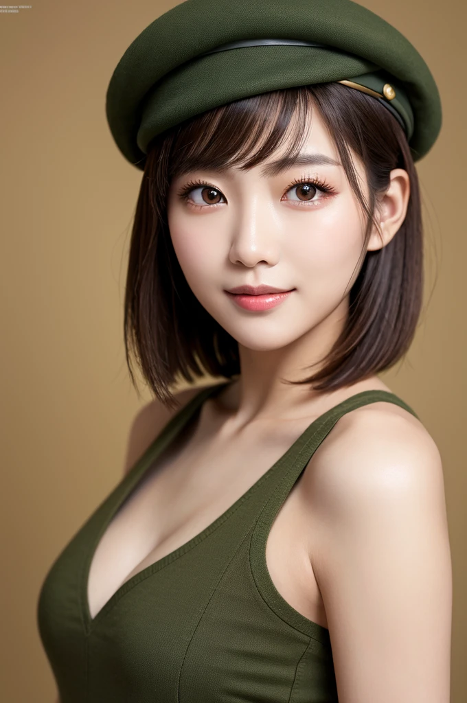 wearing a green beret、A girl with bob hair and a baseball bat wearing a green dress