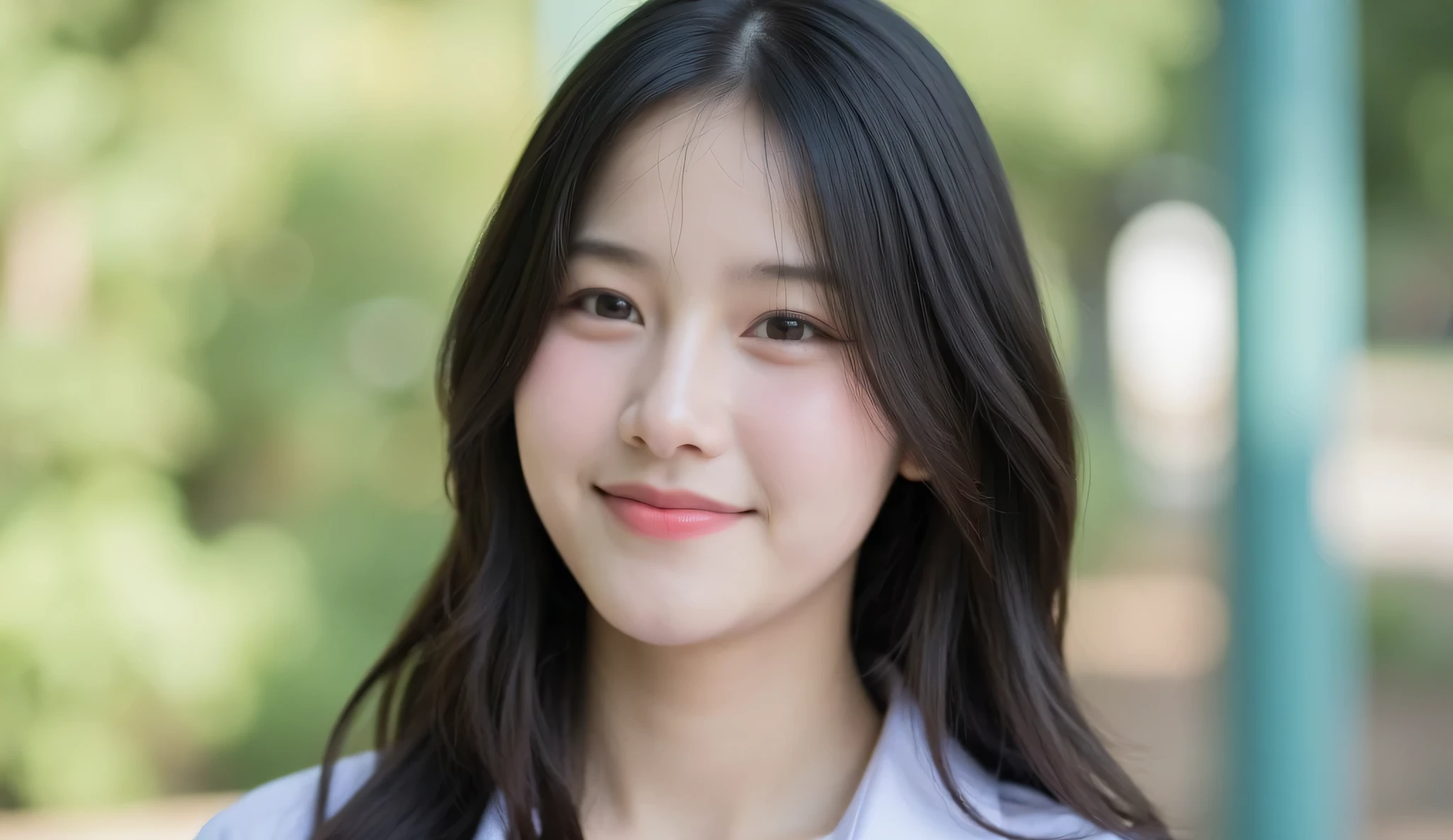 A stunning Korean female idol in a pastel-toned school uniform, soft long black hair, gentle smile, captured in a vibrant 8K portrait bust shot, natural lighting, ultra-sharp details.