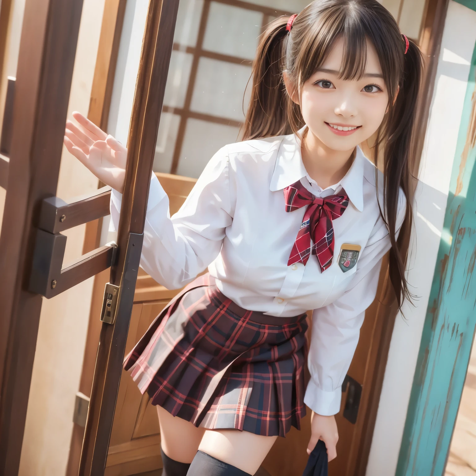 girls taking off skirt in sunny wooden school classroom,white shirt with red plaid bow tie,white thong,18-year-old,bangs,a little smile,thighs,knees,short hair with low pigtails bunches,from beside,front light