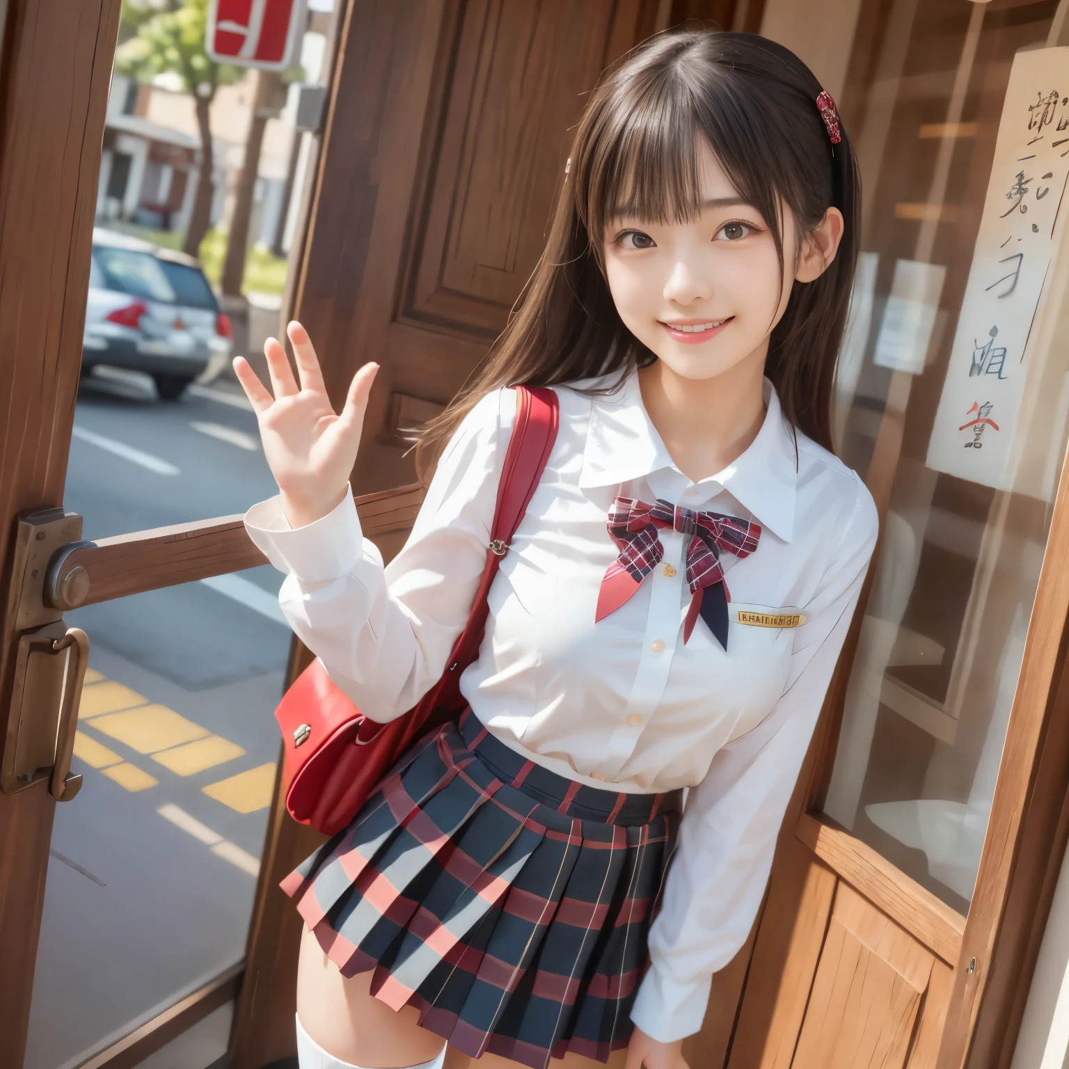 (masterpiece,best quality: 1.4),
(8k,raw photo,photo realistic:1.2),shiny skin, detailed skin,detailed face,detailed eyes,Japanese idol,beautiful face. The front door of your home. The front door is open. A beautiful girl. She is a very pretty Japanese girl. (She has an e figure).She is a pretty girl. She has a short height. She has a well-defined face. She has large breasts. (She has a big smile on her face).(She has dark hair.
She has short twin-tail hair). (She is wearing a school uniform. She is wearing a plaid mini-skirt. She is wearing black knee-high socks:1.3). She is carrying a school bag.(She stands and waves:1.3).(shoot from side).