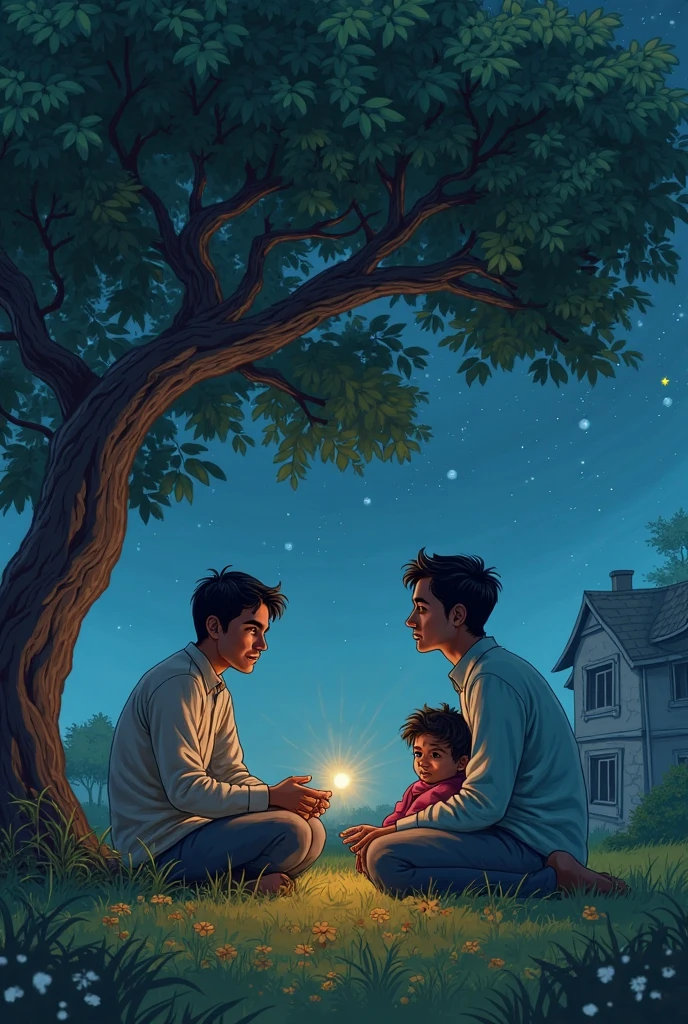 : A father and son walking together in a garden at night, under a starry sky. The father is holding a small box, and the son is listening attentively.