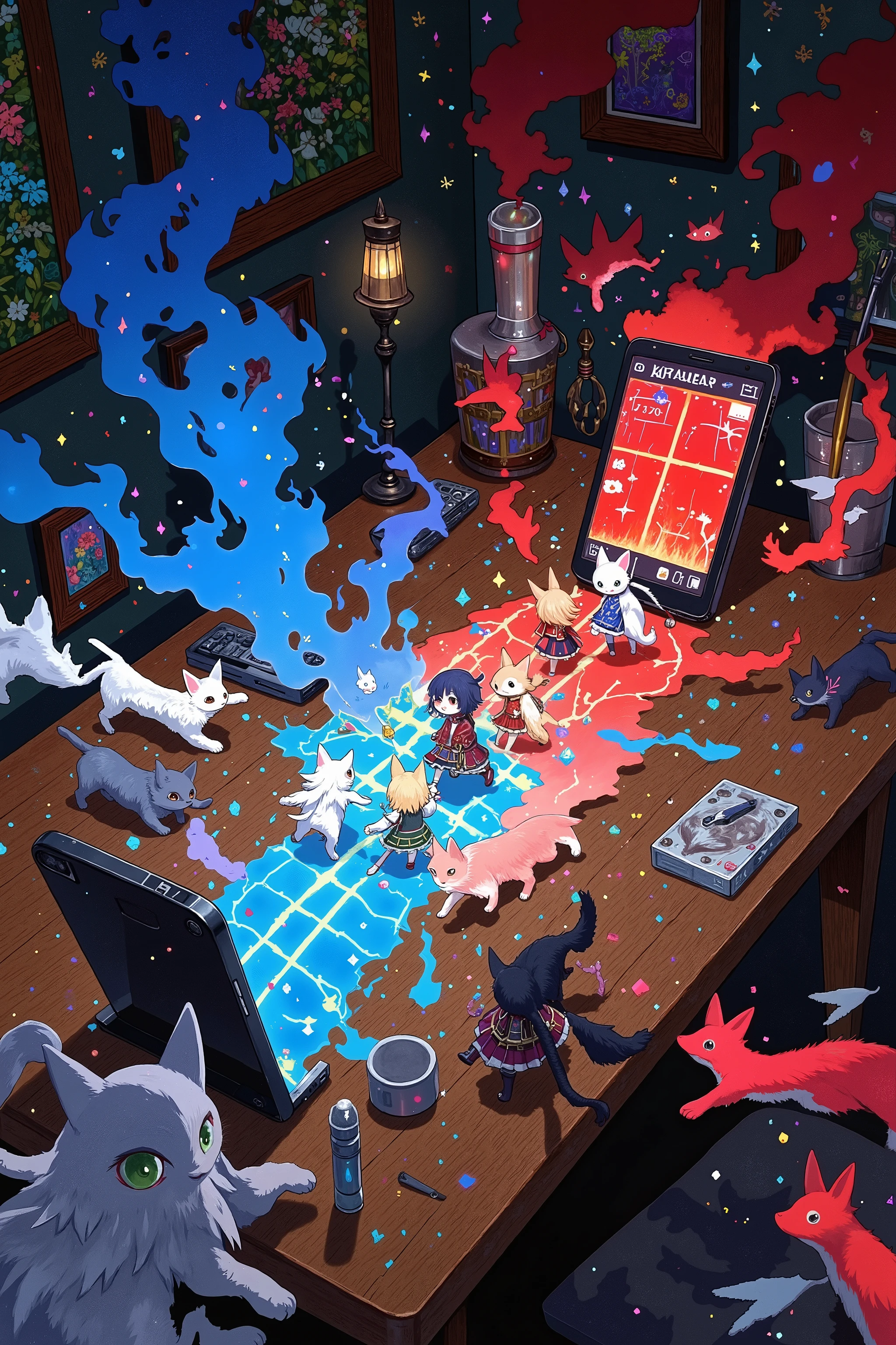 A battle scene setup on a wooden desk, two smartphones placed on the left and right, each projecting glowing portals from their screens. From each phone, small chibi-style cat characters in RPG-style outfits are emerging and marching toward each other, ready for combat. One side has blue-themed cats, the other red-themed, each side with unique classes like warrior cat, mage cat, and archer cat. The center of the desk is styled like a digital battlefield, with glowing lines and grid patterns, blending fantasy and real-world. Light effects and shadows add dramatic tension. Ultra-detailed, 2:3 aspect ratio.