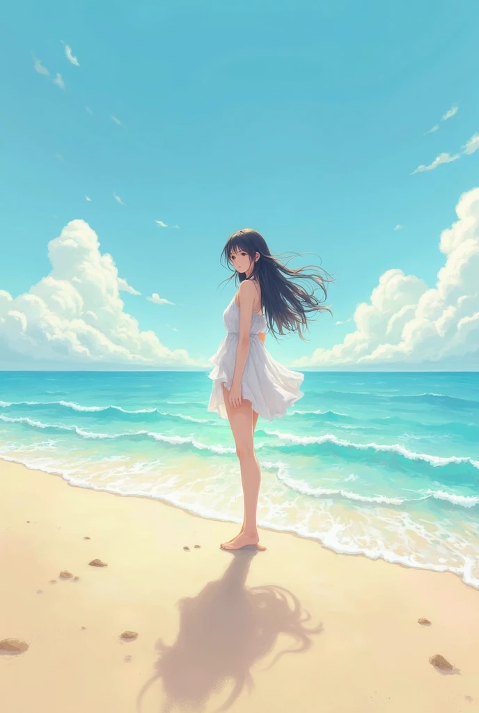 (masterpiece,best quality,8k,ultra-detailed:1.3), (landscape photography:1.5),a tall girl is standing on the beach,(extreme long shot:1.6),perfect face,perfect eyes,anime style,black hair,white dress,straw hat,(((distant view,expansive vista,horizon))),gentle breeze,swaying hair, hold down the straw hat with your hand, tiny breasts,clear sea,blue sky,white sandy beach,bright small shells,bright, detailed background,super fine,fine-textured