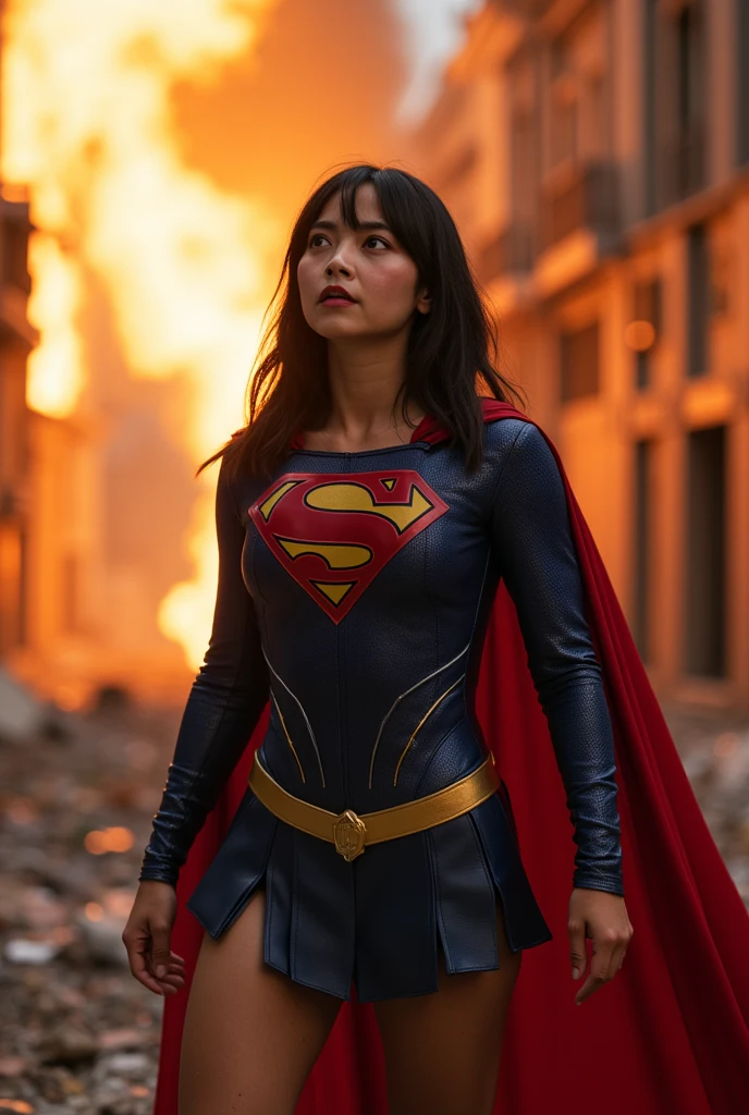 cinematic shot, realistic short buff pretty latino supergirl with short bob dark hair with detailed dark blue hard padded sci fi rubber bodysuit with line textures and red cape, shadows, specular, sunny day in the city streets, traffic, 4k high resolution
