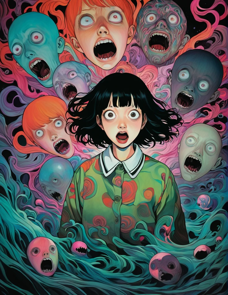 illust、art、horor, directed by Junji Ito、nightmare、high detail, realsitic shadow、Analog style, chromatic aberration, Surrealism