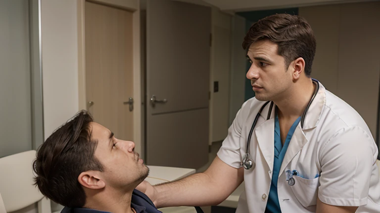 masterpiece, best quality, high resolution, closeup portrait, closeup, details, male focus, two men touching, two men, middle aged doctor touching his young patient, gay touch, one man is kneeling and other is standing in front of him, half naked doctor and patient, doctor uniform, bare chest, hairy legs, in the background a hospital room, amazing composition, front view, HDR, volumetric lighting, ultra quality, elegant, highly detailed