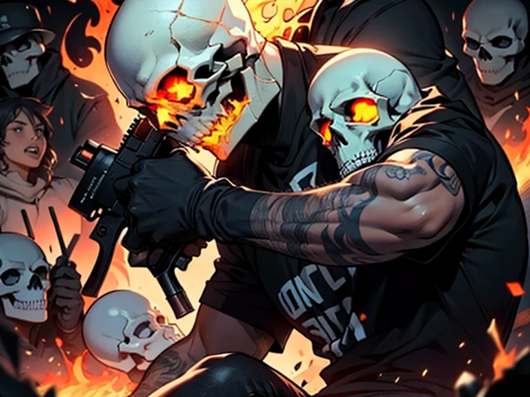 yellow and black, skull face medieval cultists, in the style of Mork Borg, strong contrast, grunge dirty punk splash art, zine black metal, forest color splash background