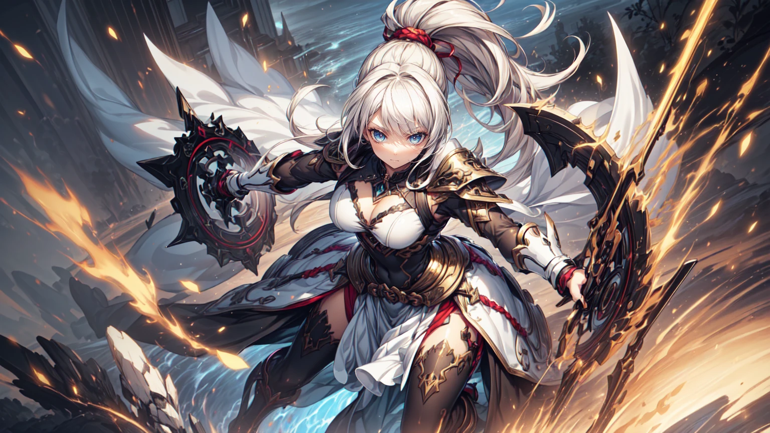 (((Best resolution, Textured skin, high quality, Precise CG unification, game CG))), (Solo), white armor, Fighting, Are standing, dark green medium hair, dynamic angle, sacred, holy knight, (action pose: 1.4), angel wings,
